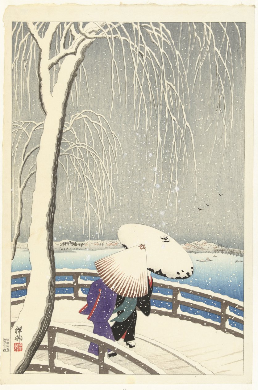 In de sneeuw op Yanagibashi door Ohara Koson