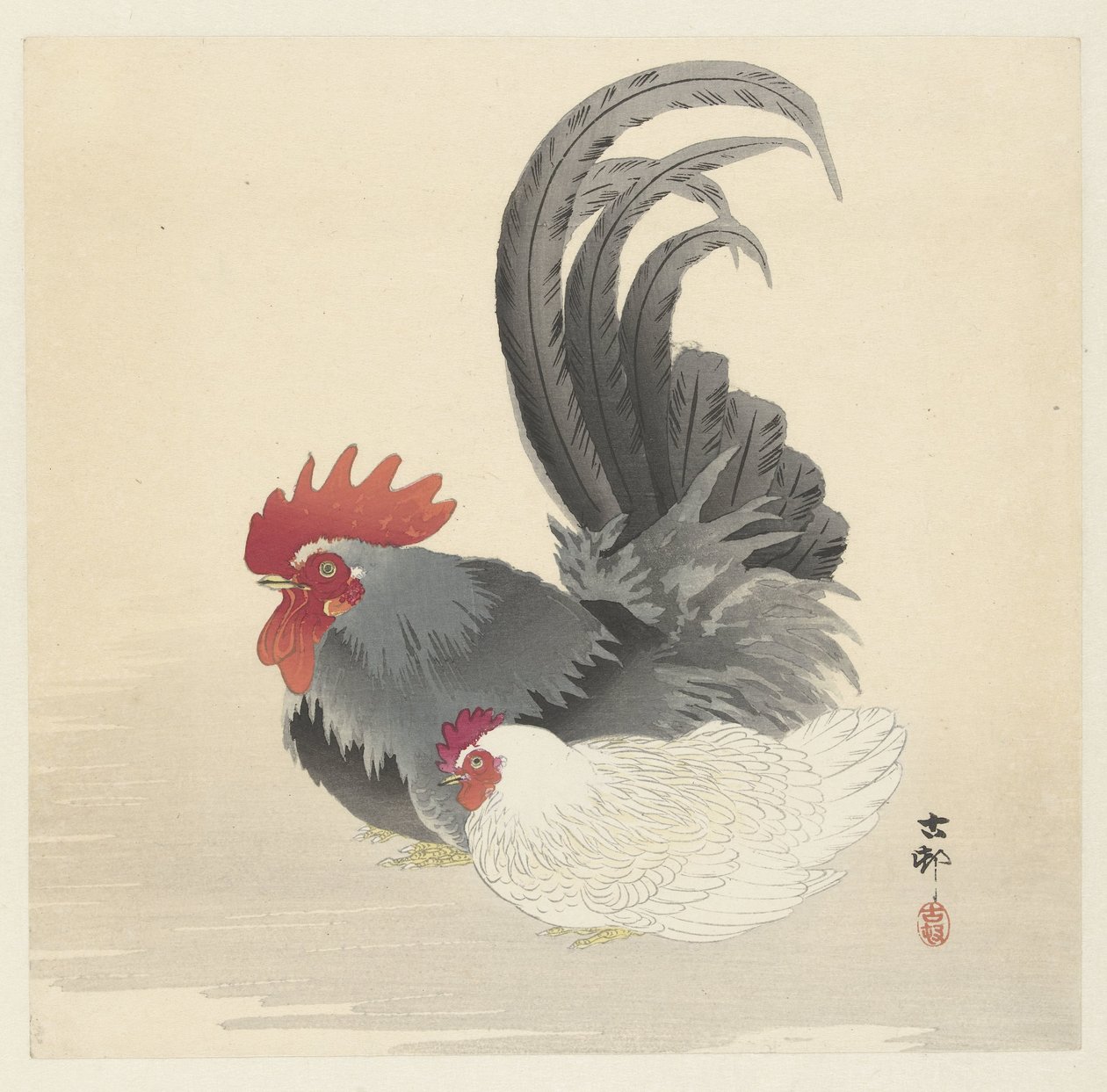 Kip en haan door Ohara Koson
