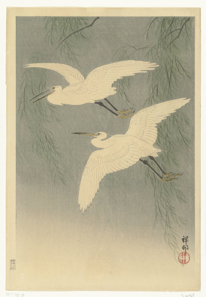 Kleine zilverreigers in vlucht door Ohara Koson