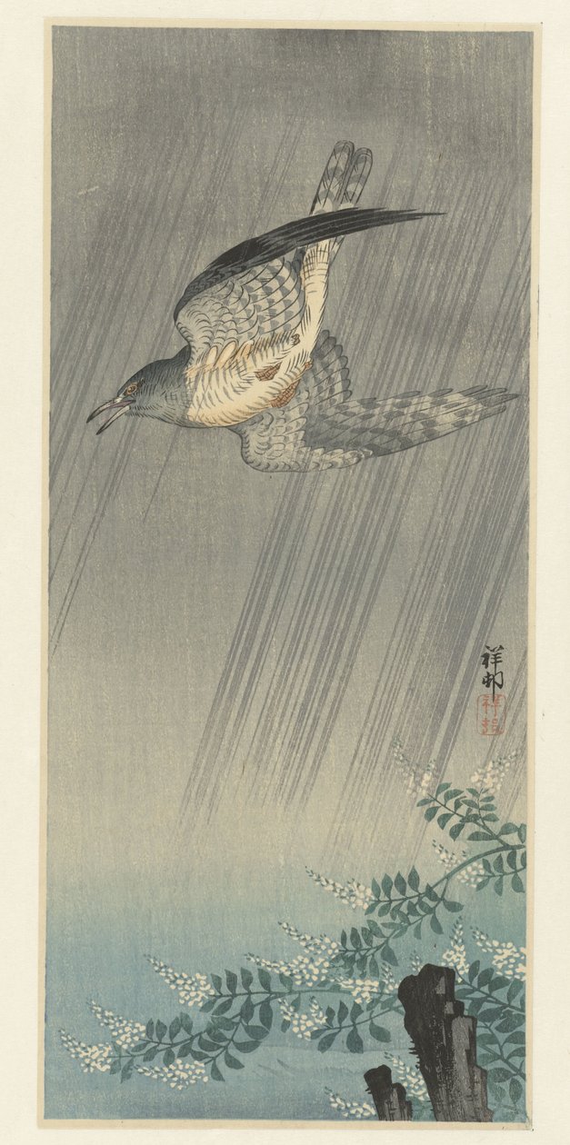 Koekoek in storm door Ohara Koson