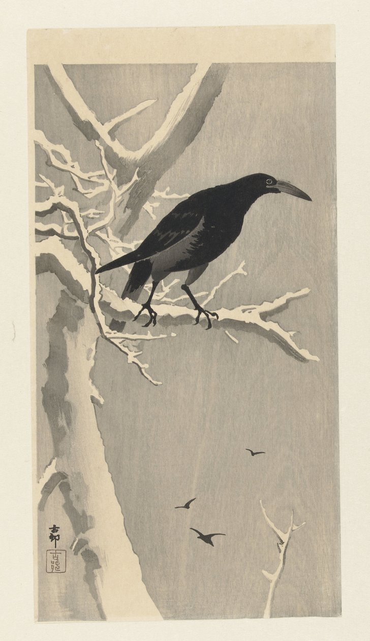 Kraai op besneeuwde boomtak door Ohara Koson