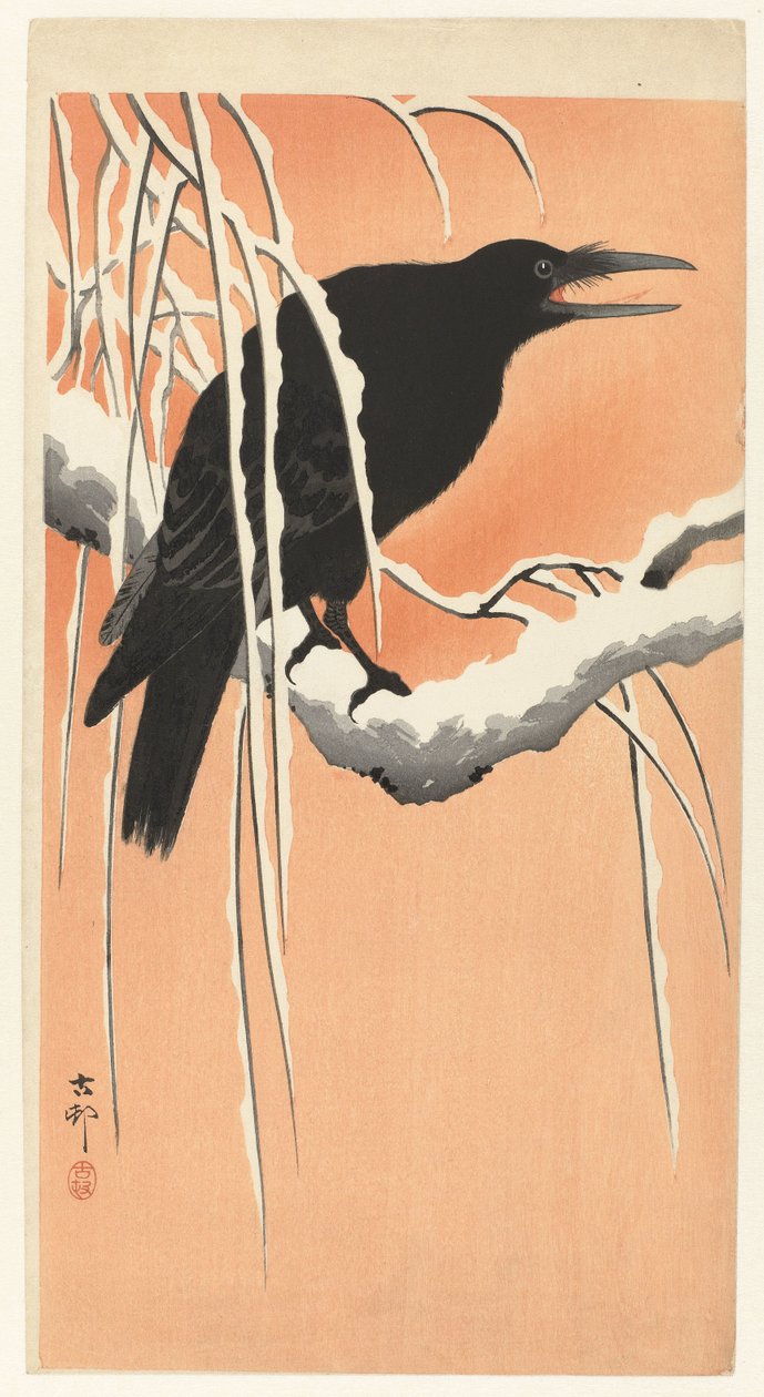 Kraai op besneeuwde tak door Ohara Koson