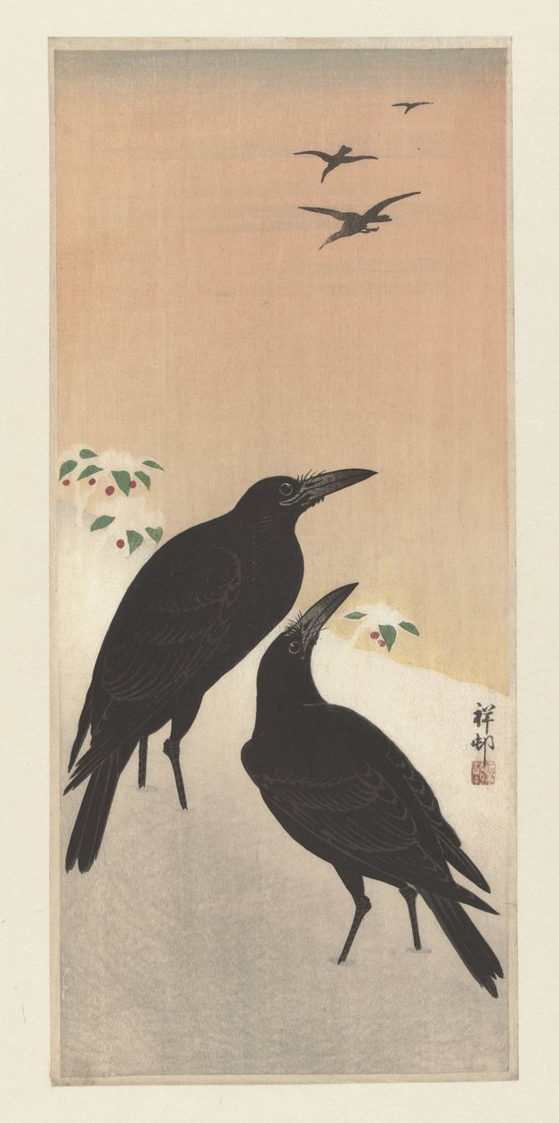 Kraaien in sneeuw door Ohara Koson