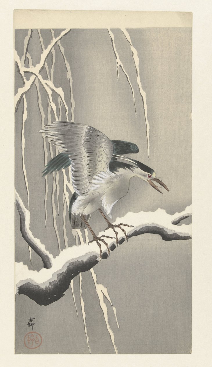 Kwak op besneeuwde tak door Ohara Koson