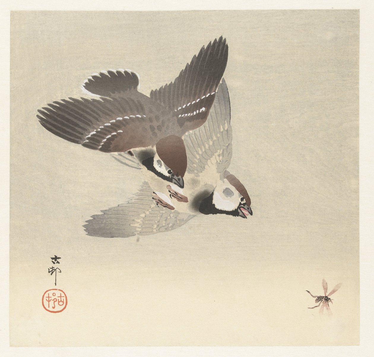 Ringmussen en insect door Ohara Koson