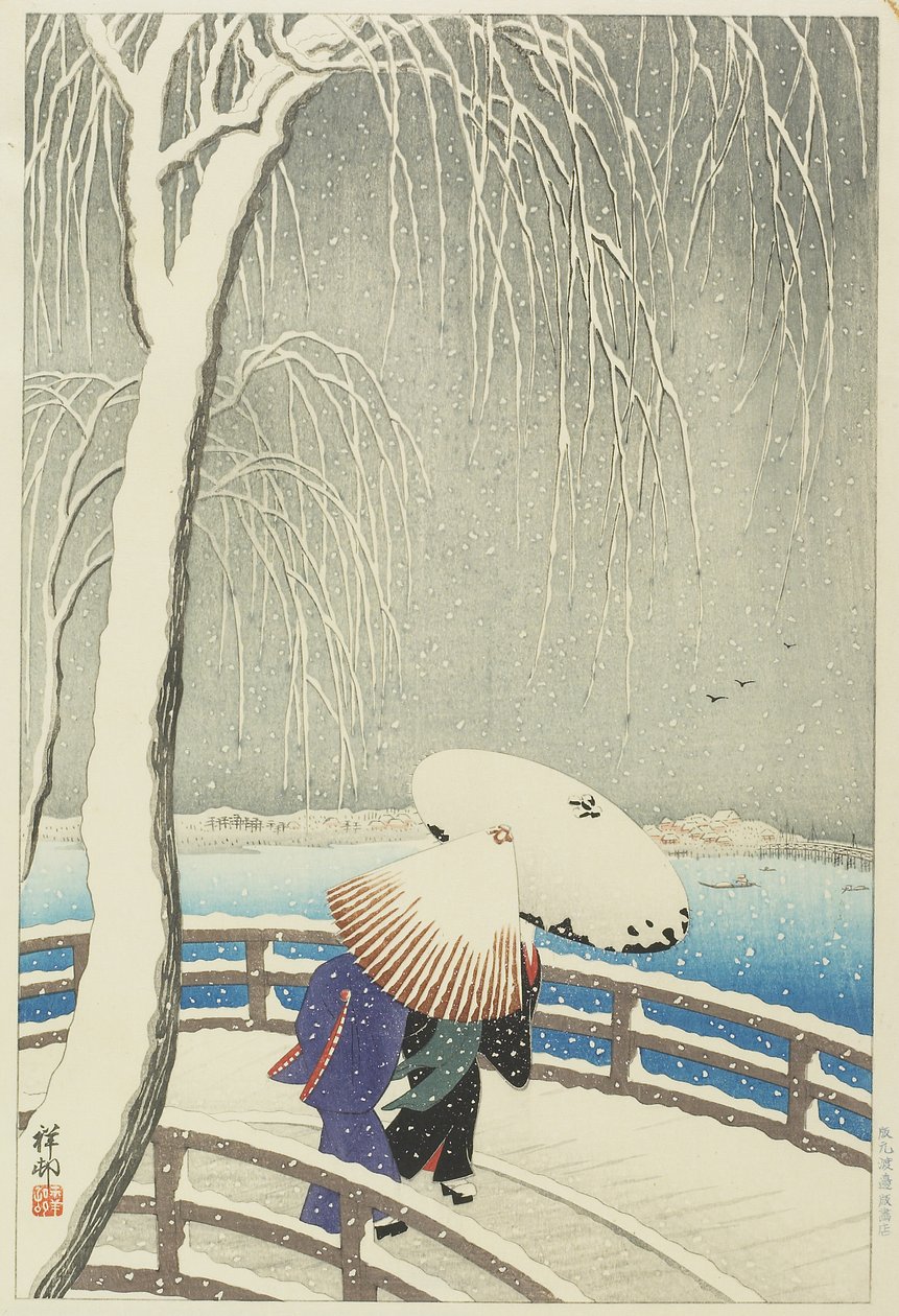 Sneeuw bij Yanagibashi, 1927 door Ohara Koson