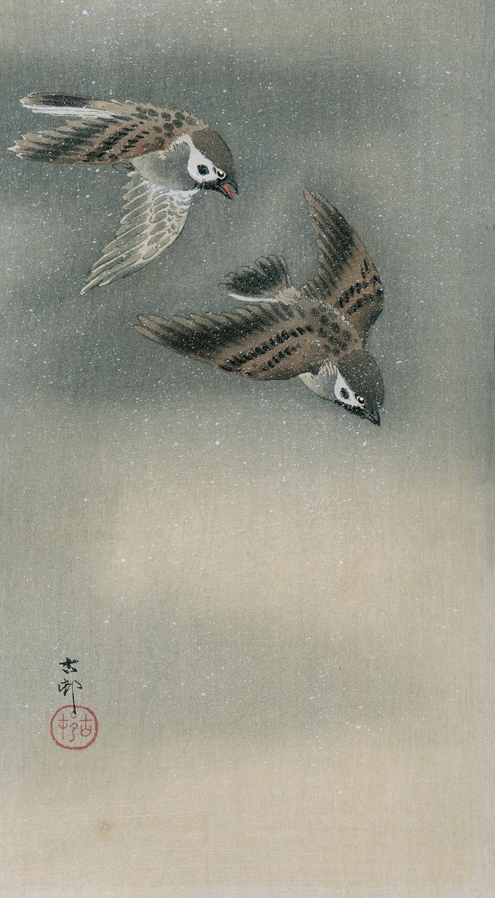 Mussen in vlucht door Ohara Koson