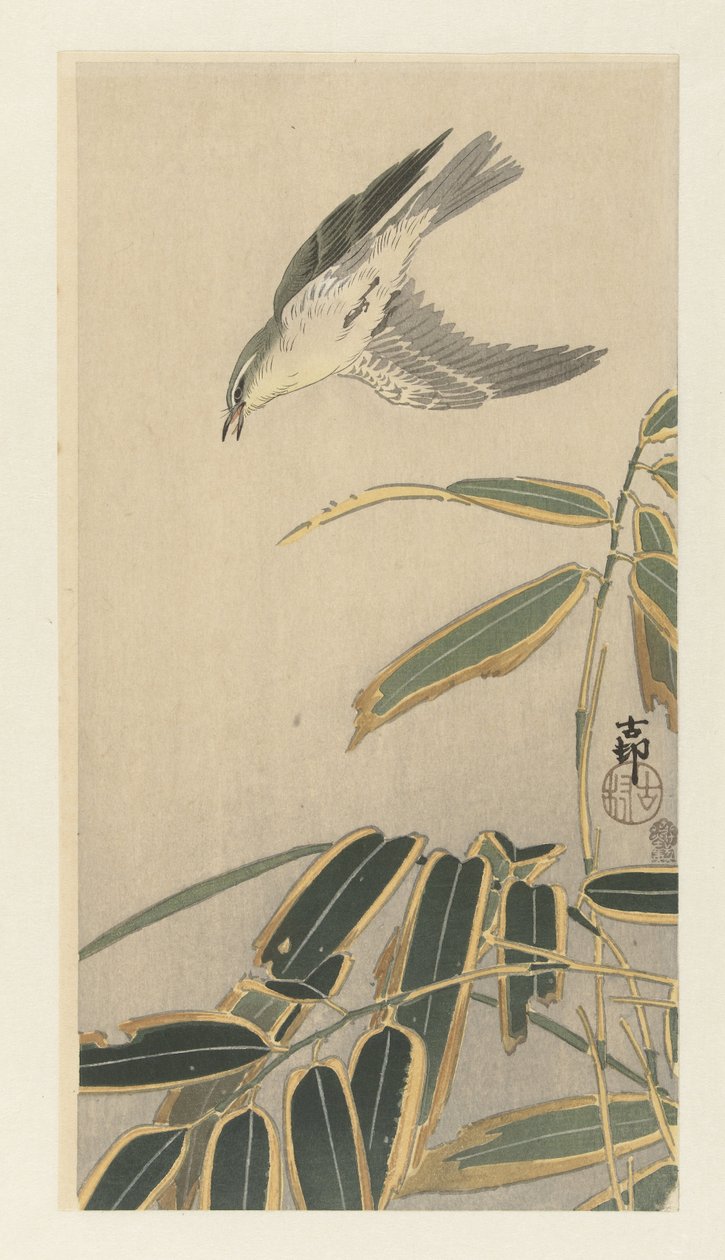 Tapuit bij bamboe door Ohara Koson