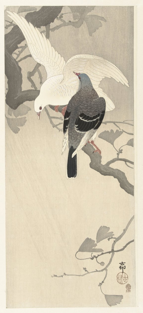 Twee duiven op een tak door Ohara Koson