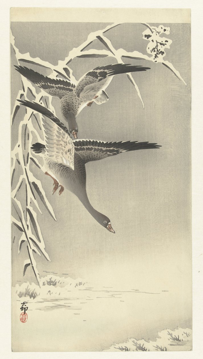 Twee kolganzen in sneeuwlandschap door Ohara Koson