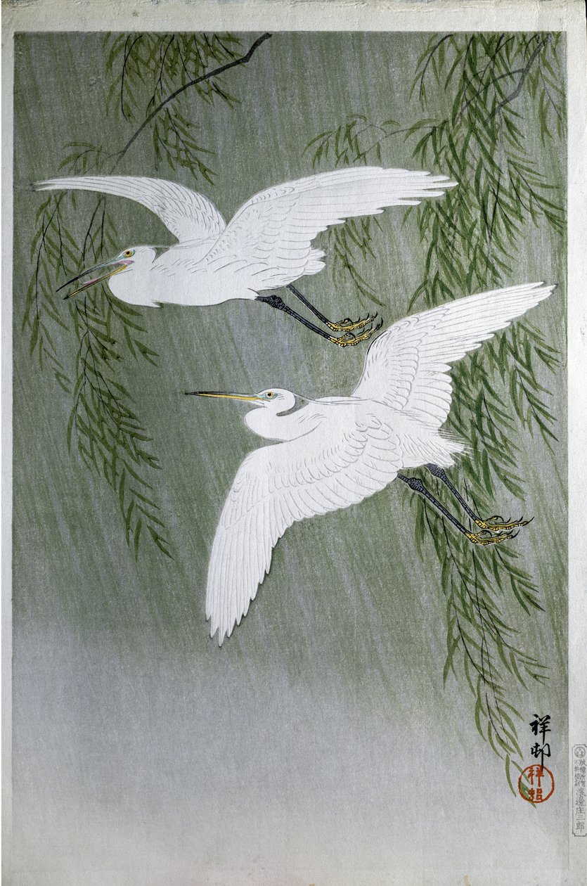Twee reigers vrij vliegend, 1907 door Ohara Koson