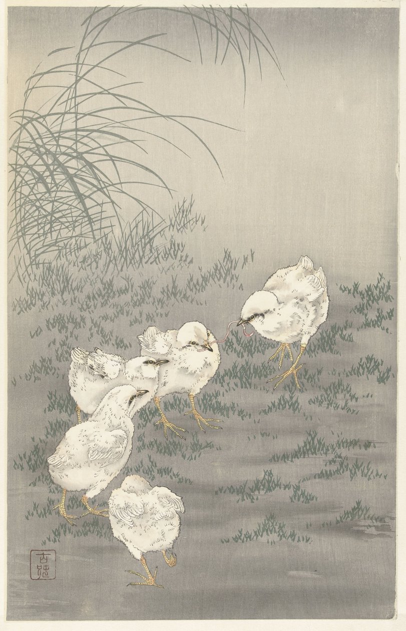 Vijf kuikens door Ohara Koson