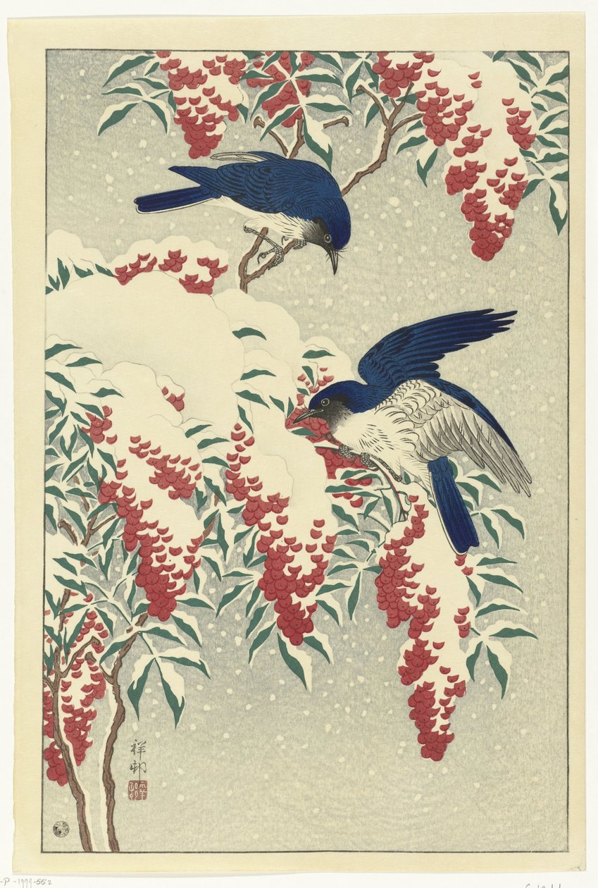 Vliegenvangers op een nandinastruik door Ohara Koson