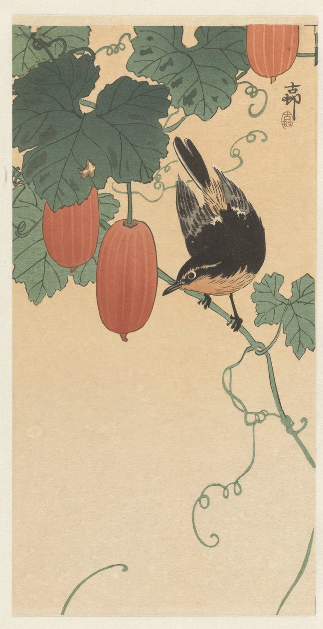 Vogel en kaki door Ohara Koson