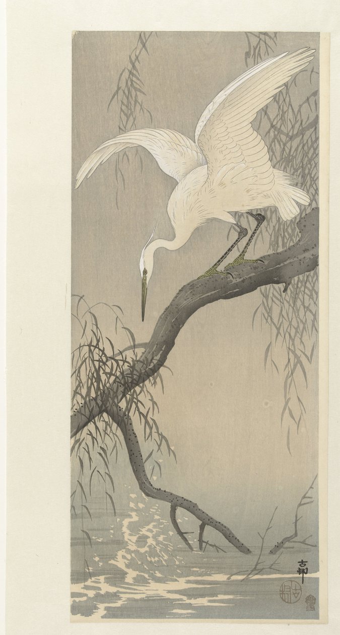 Witte reiger op boomtak door Ohara Koson