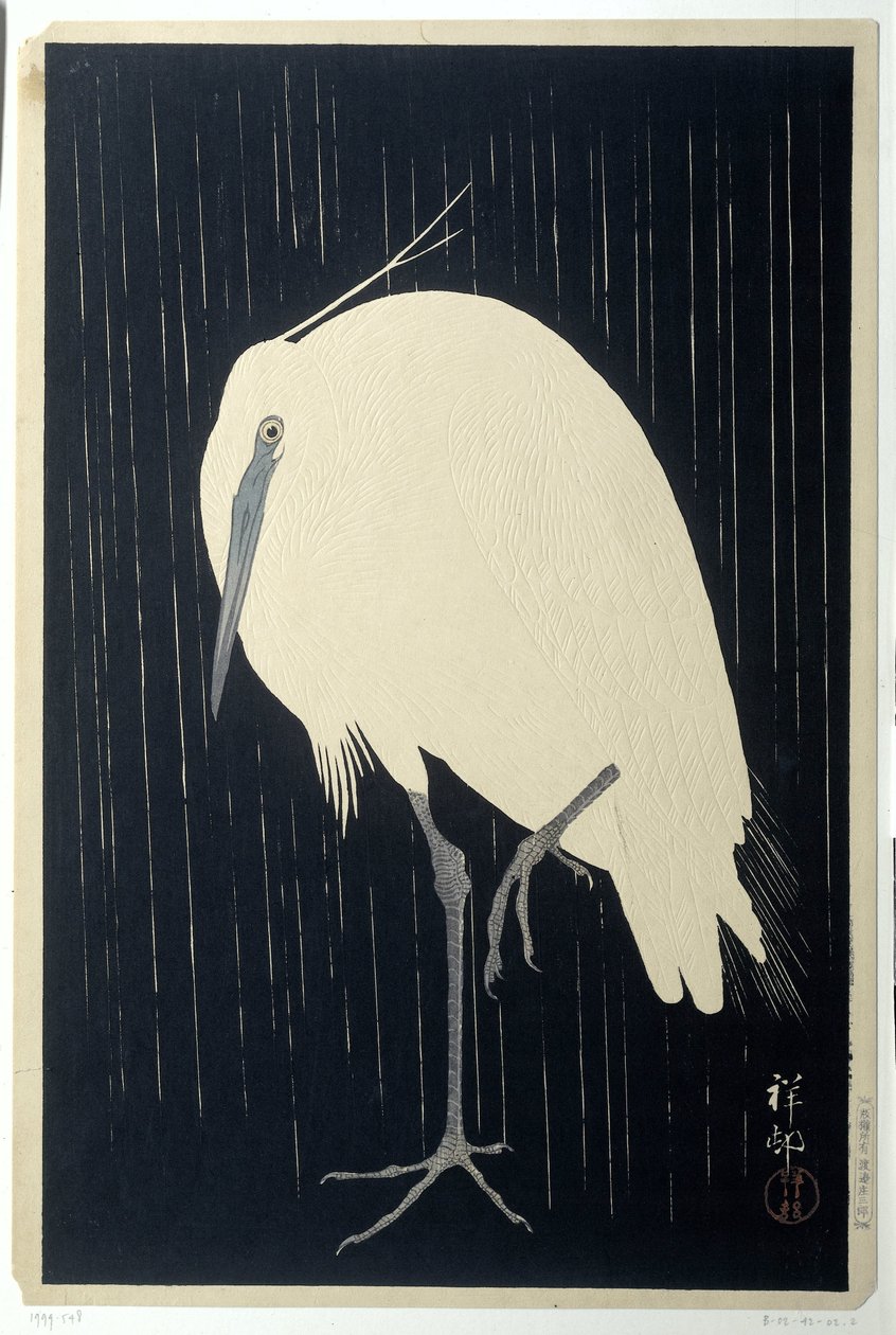 Zilverreiger in de regen door Ohara Koson