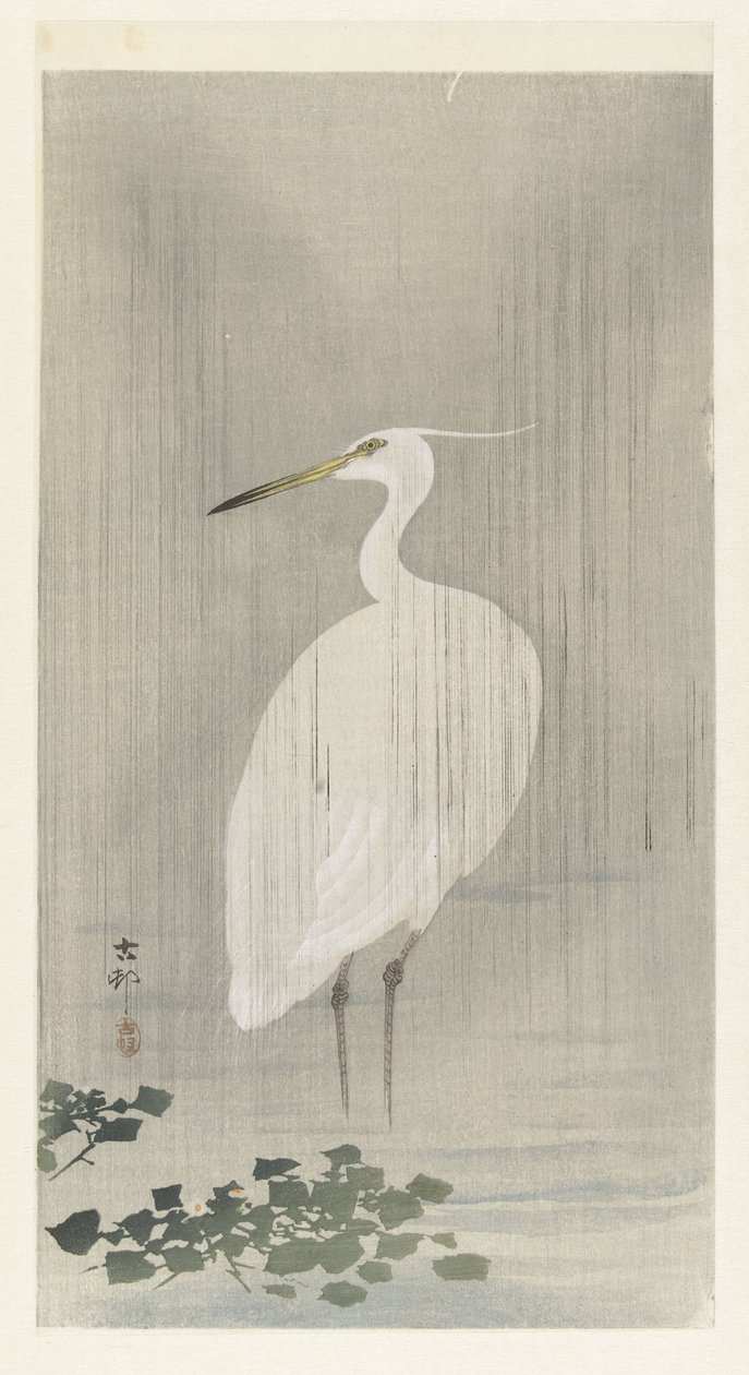 Zilverreiger in regen door Ohara Koson