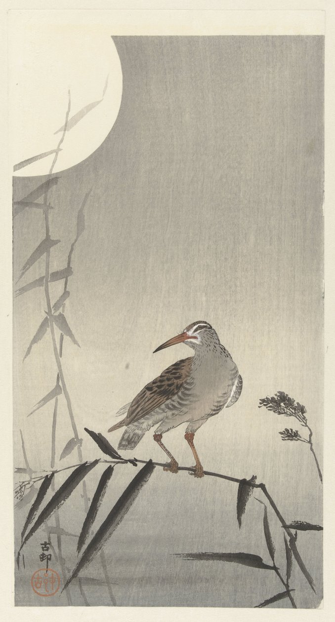 Zwarte ruiter op bamboetak door Ohara Koson