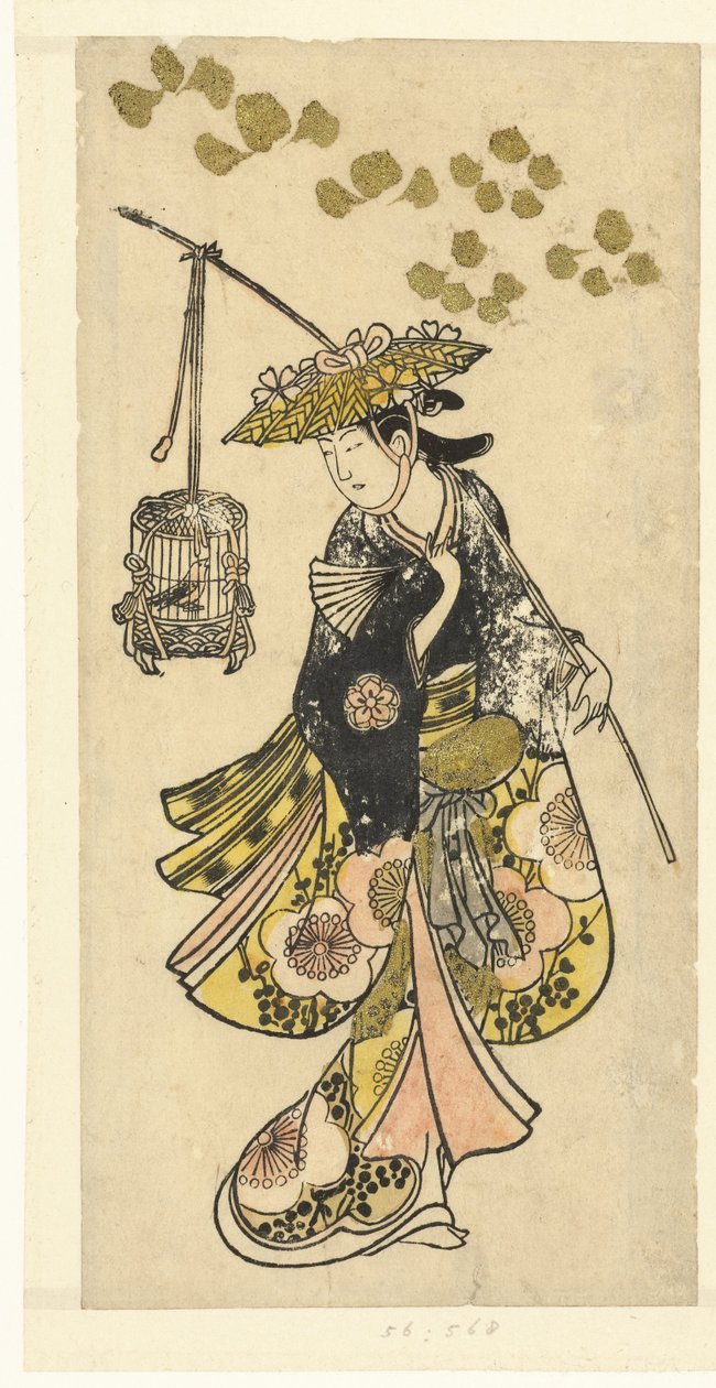 Jonge vrouw met vogelkooi door Okumura Toshinobu (attributed to)
