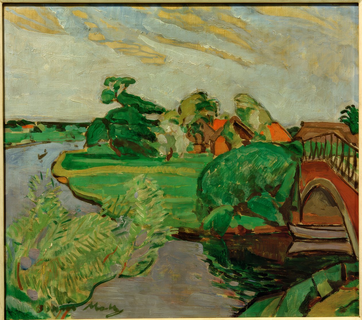 Rivierlandschap met brug door Oskar Moll