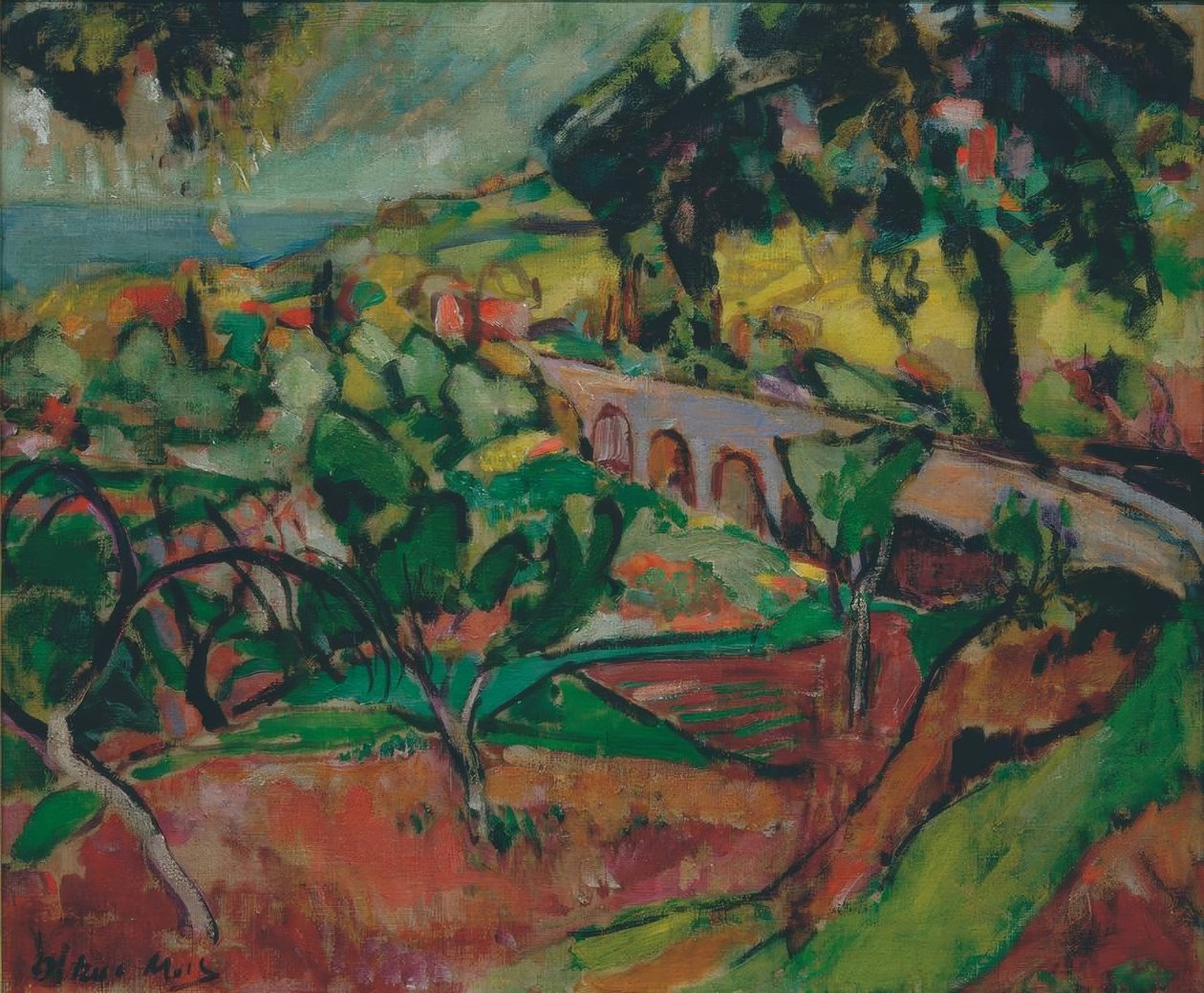 Landschap met viaduct door Oskar Moll