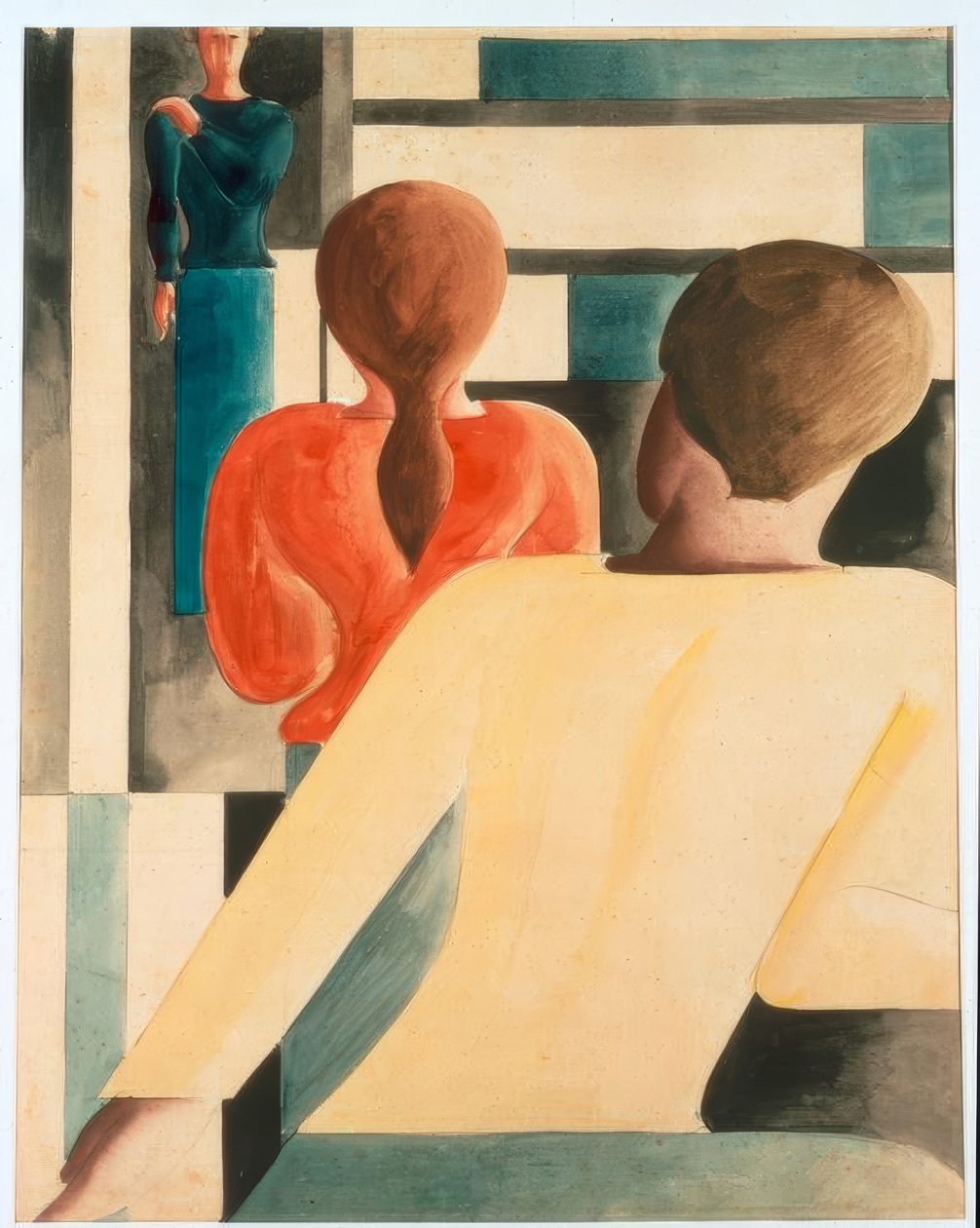 Interieur in blauw, geel en rood door Oskar Schlemmer