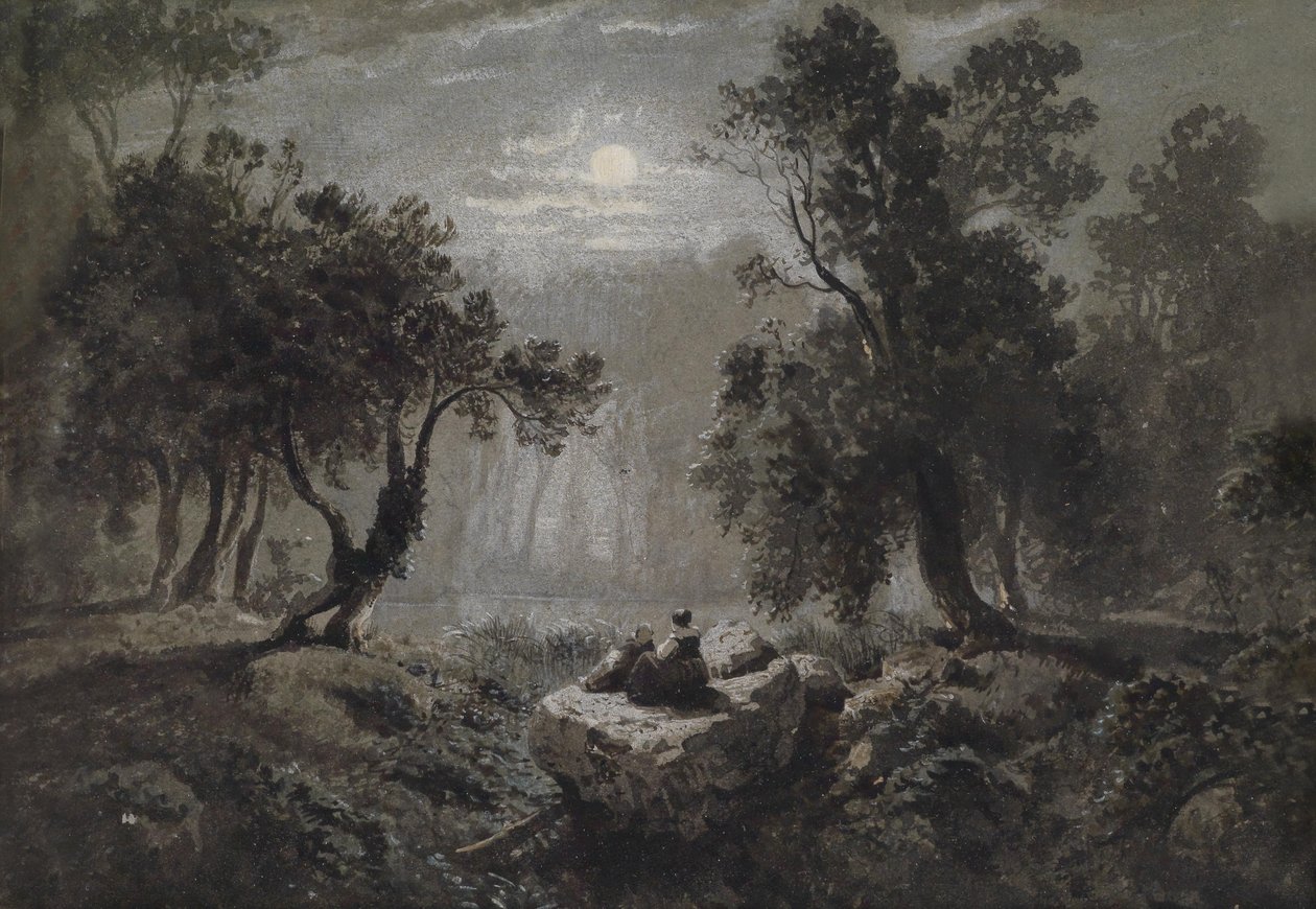 Een romantisch boslandschap in het maanlicht door Oswald Achenbach