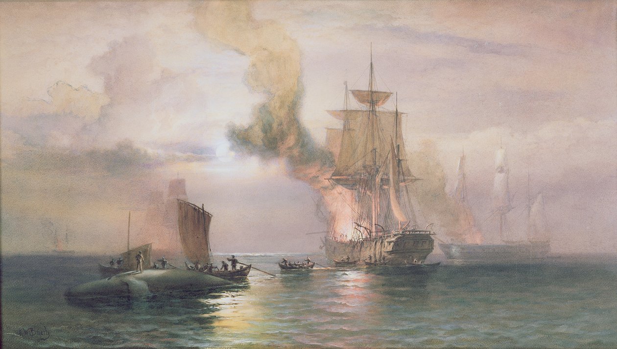 Zuidzee walvisvaarders koken blubber, met walvis ernaast, ca. 1875-85 door Oswald Walters Brierly