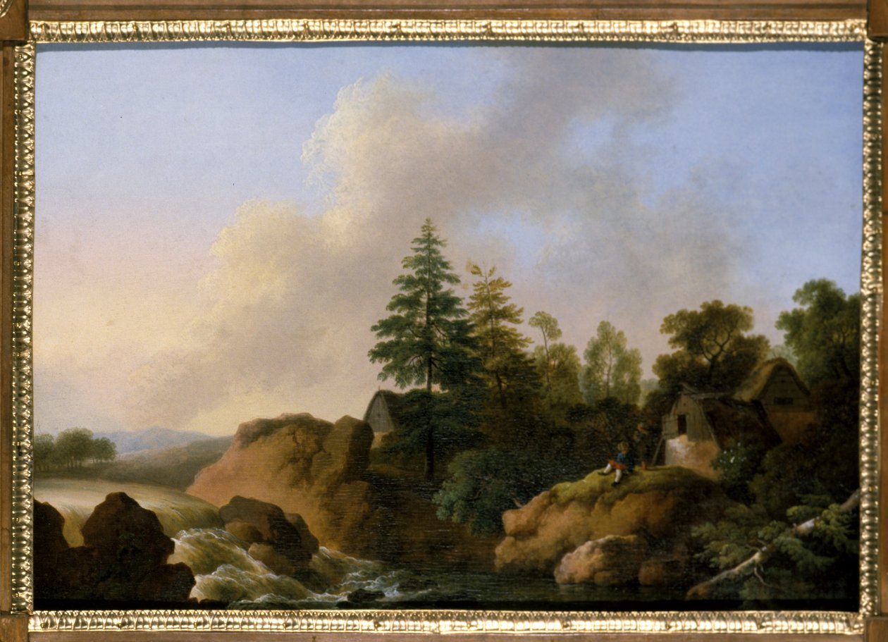 Bergachtig landschap met waterval door Otto Wagner