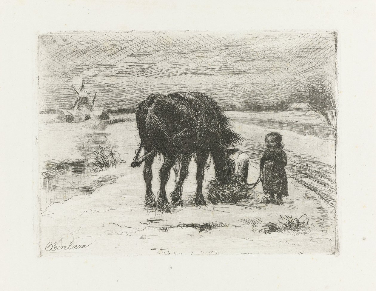 Sneeuwlandschap met kind en paard door Otto Eerelman