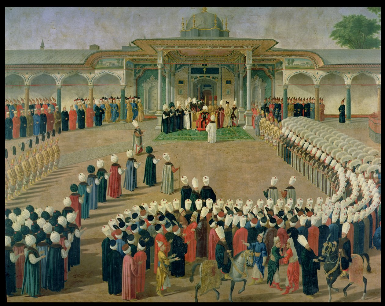 Ontvangst aan het Hof van Sultan Selim III (1761-1807) in het Topkapi Paleis, eind 18e eeuw door Ottoman School