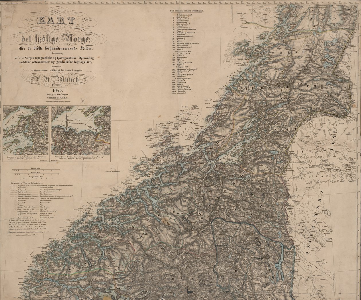 Kaart uitgegeven in Oslo (1845) en toont Zuid-Noorwegen door P.A. Munch