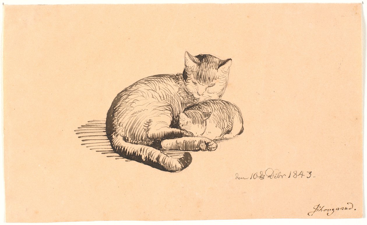 Liggende kat met haar kitten door P.C. Skovgaard