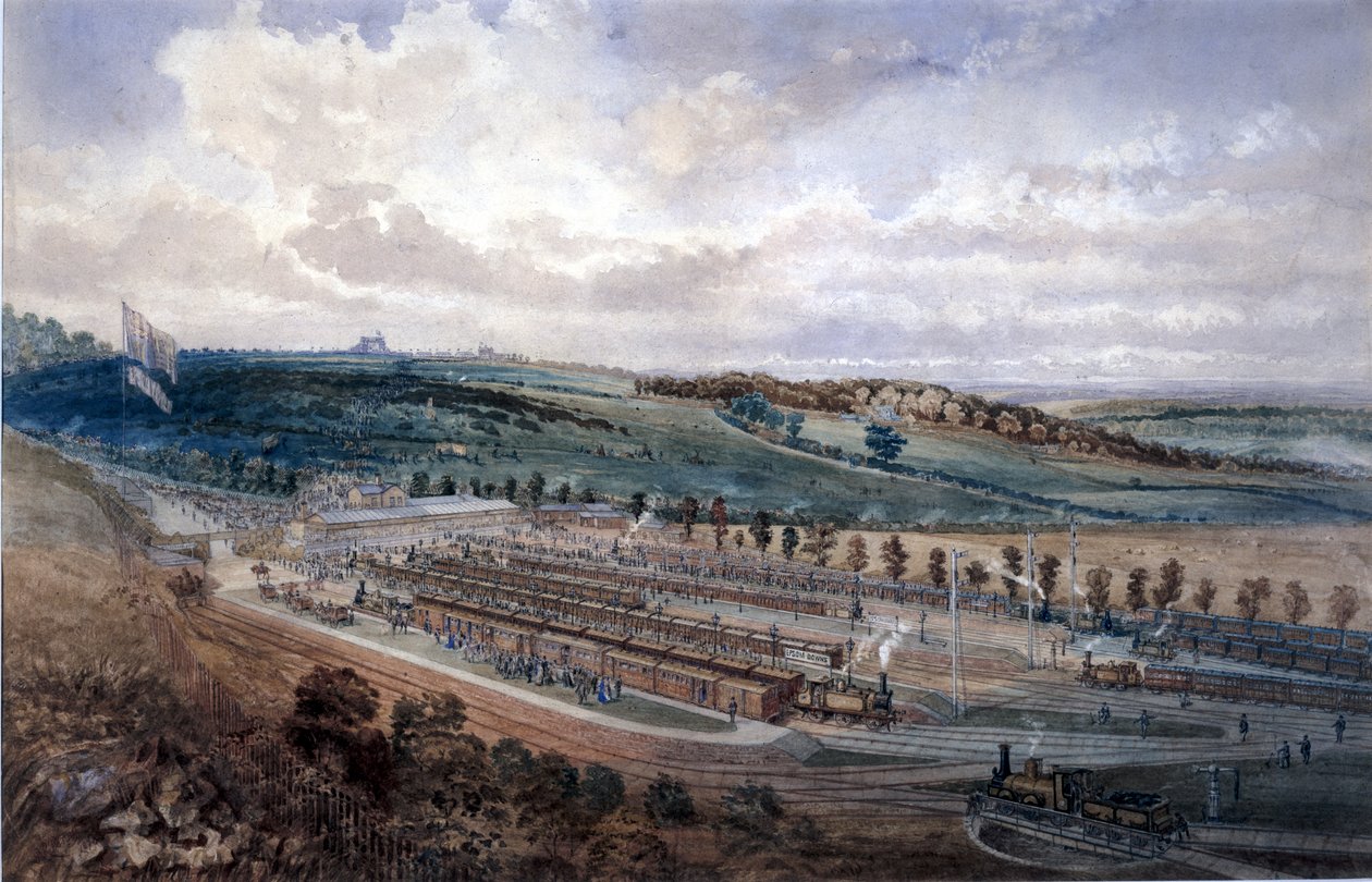 Epsom Station op Derby Day, 1878 door P.R. Perry