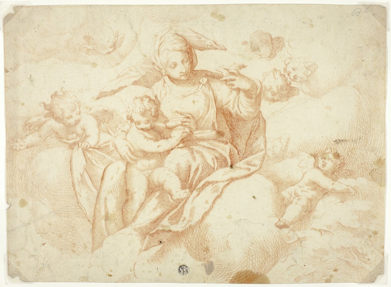 Maagd en kind gezeten op wolken door Paolo Farinati