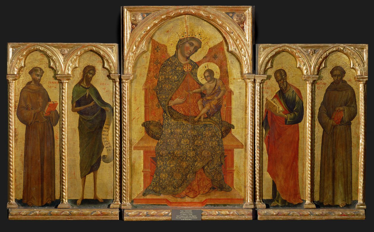 Drieluik. Middenpaneel: Madonna met kind ... door Paolo Veneziano