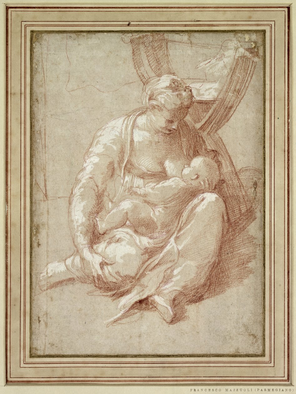 Maagd zittend op de grond, het kind voedend door Parmigianino