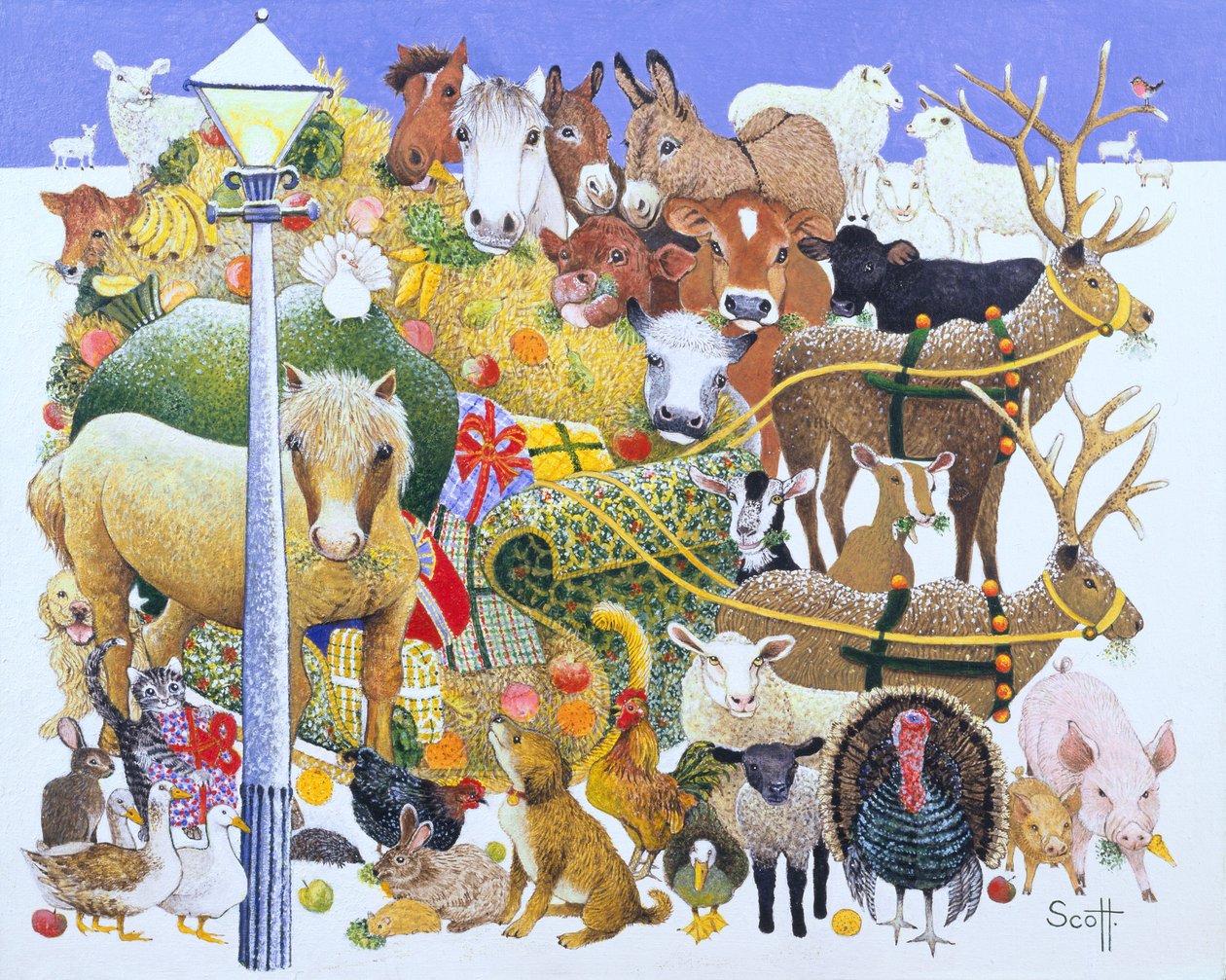 Een kerstfeest (olieverf op doek) door Pat Scott