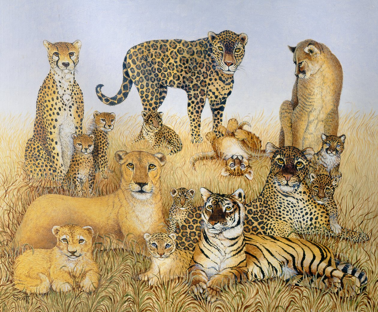 De grote katten (acryl op calico) door Pat Scott