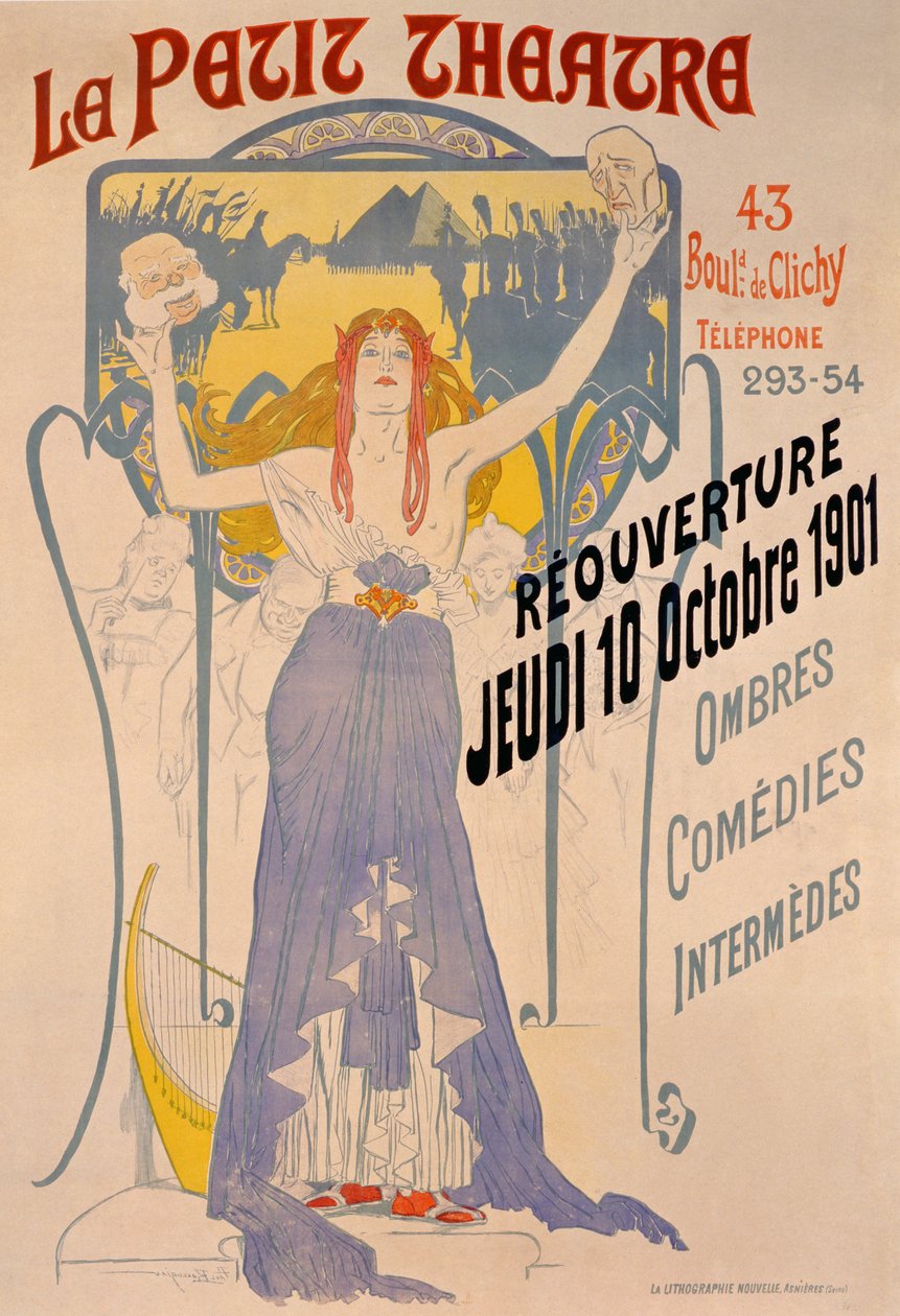 Poster die de heropening op 10 oktober van Le Petit Theatre, Boulevard Clichy, Parijs, 1901 aankondigt door Paul Balluriau