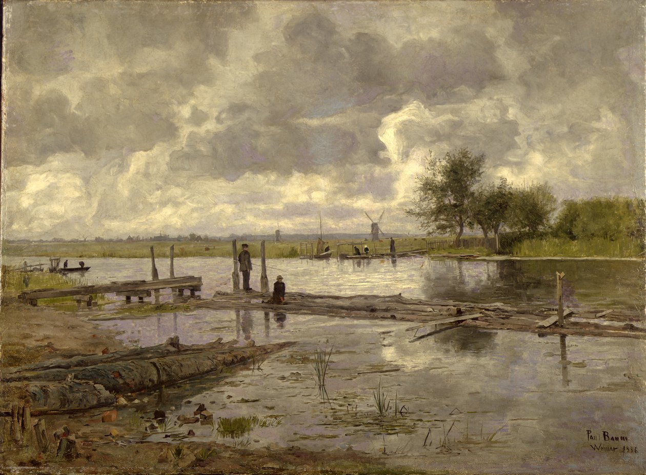 Landschap met de Ilm nabij Weimar, met een visser, 1886 door Paul Baum