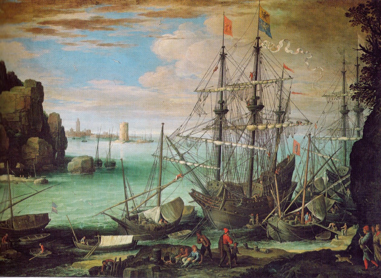 Kustlandschap met haven door Paul Bril