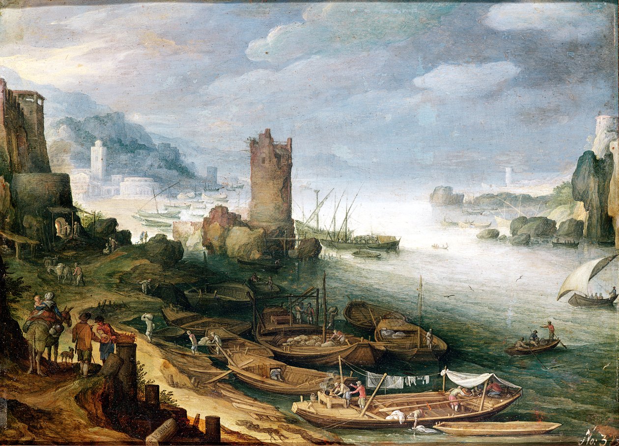 Rivierscène met een vervallen toren door Paul Bril