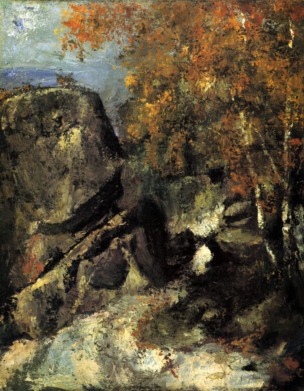 Rotsen in het bos van Fontainebleau door Paul Cézanne