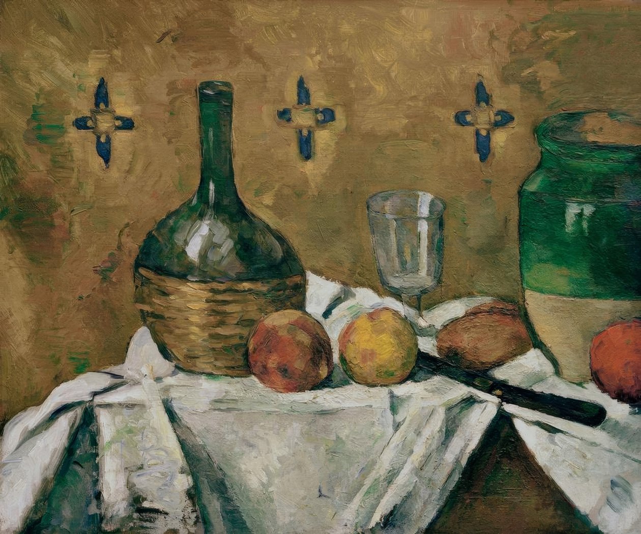 Stilleven: fiasco, glas en aardewerk door Paul Cézanne
