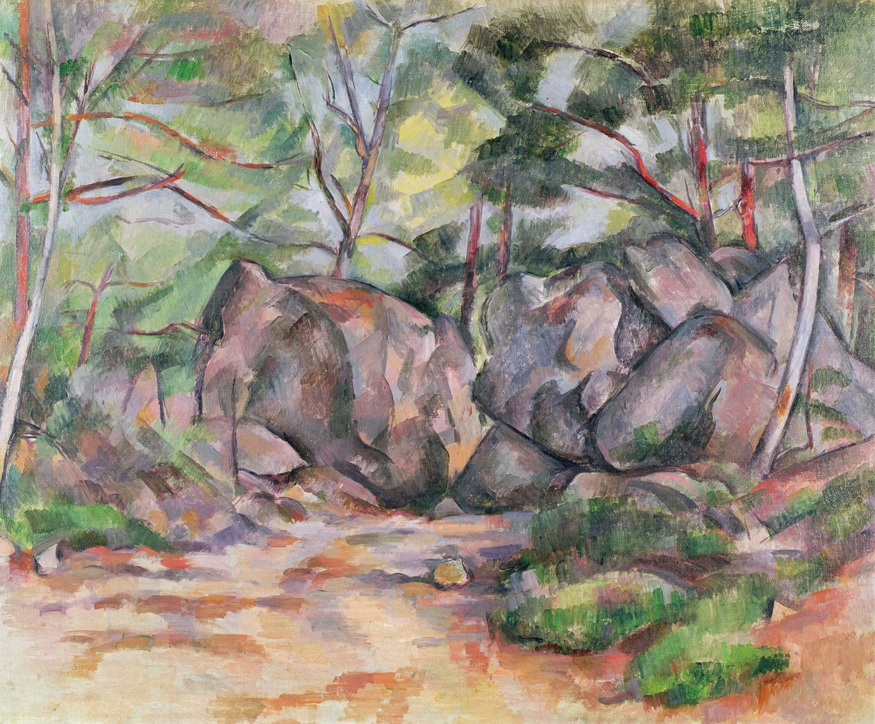 Bos met rotsblokken door Paul Cézanne