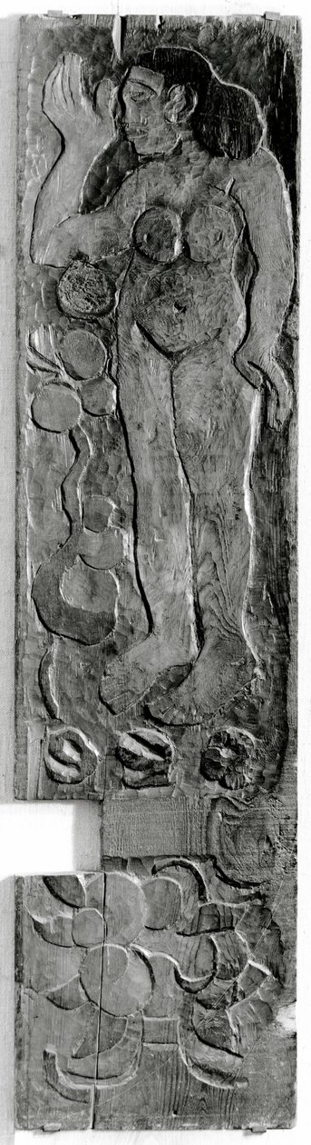 Gesneden verticale paneel van de deurpost van Gauguins laatste verblijf in Atuona op Hiva Oa (Marquesas Eilanden) door Paul Gauguin