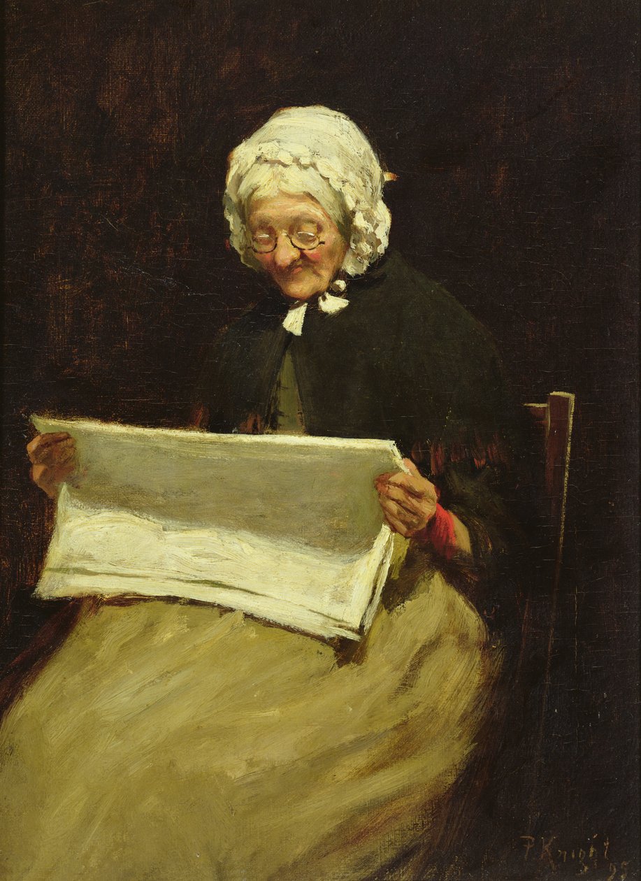 Oude vrouw die een krant leest, 1895 door Paul Knight