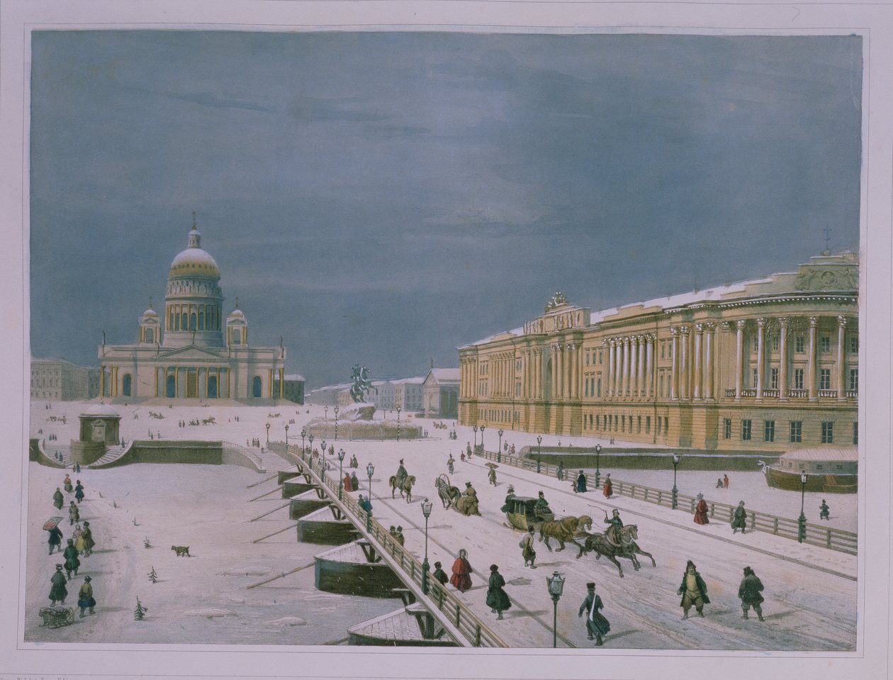 De Isaac-kathedraal en het Senaatsplein in Sint-Petersburg, 1840s (kleur litho) door Paul Marie Roussel