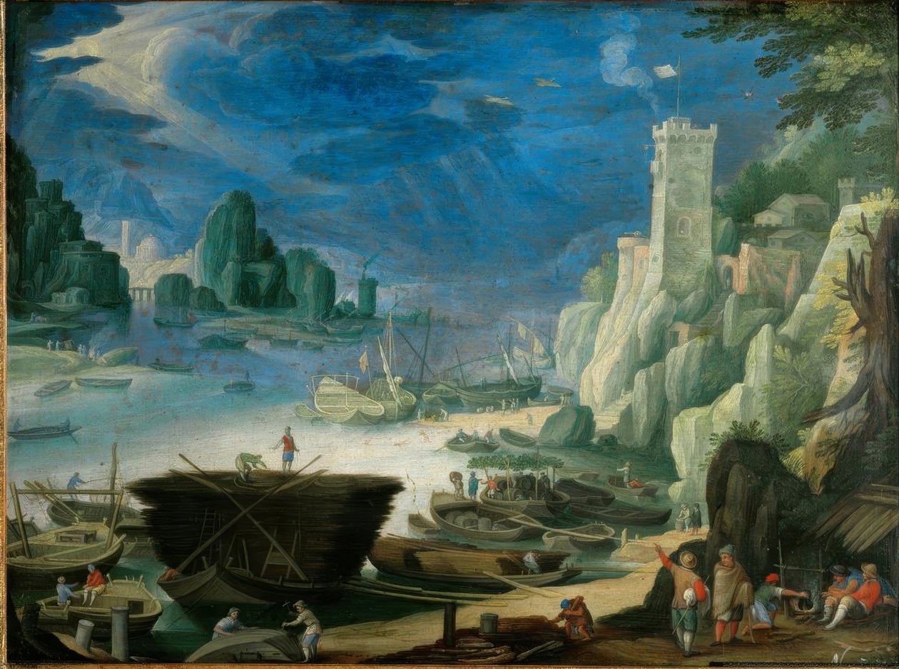 Nachtelijke havenlandschap met vuurtoren door Paul Bril